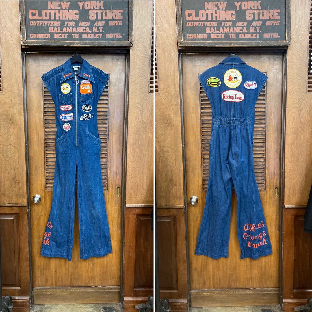 Vintage 1970's Orange Crush Racing Hot Rod Drag Race Denim Mod