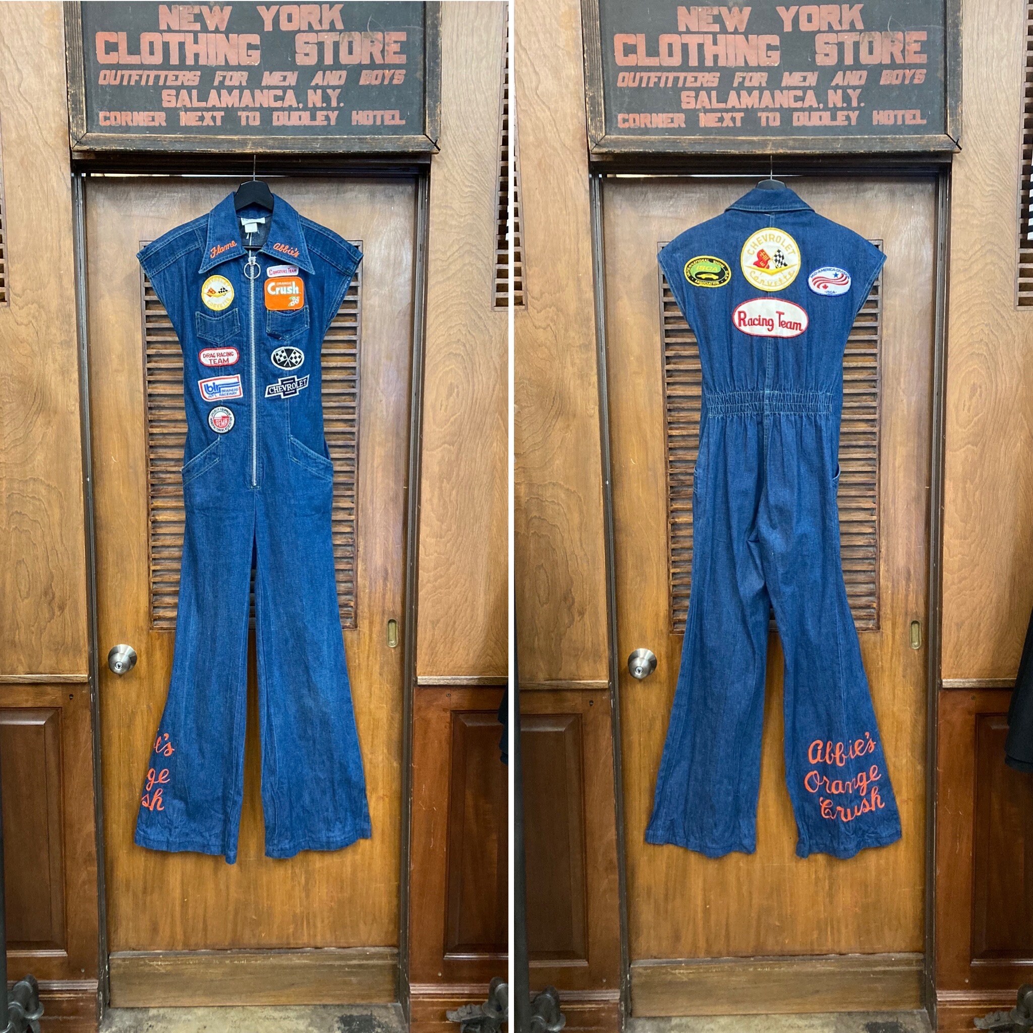 Vintage 1970's Orange Crush Racing Hot Rod Drag Race Denim Mod