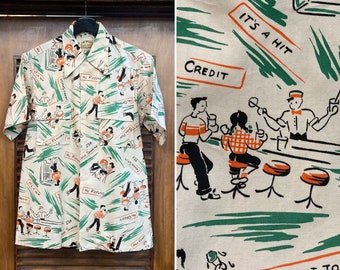 Vintage 1940’s -Deadstock- Malt Soda Shop Cartoon Atomic Rockabilly Shirt, 40’s Loop Collar Shirt, Vintage Clothing