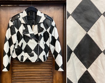 Vintage 1980’s Black x White Harlequin New Wave Motorcycle Leather Jacket, 80’s  Biker, 80’s Vintage Clothing