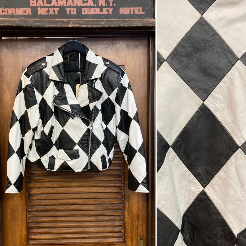 Vintage 1980s Black x White Harlequin New Wave Motorcycle Leather Jacket, 80s Biker, 80s Vintage Clothing image 1