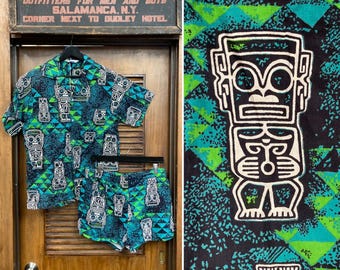 Vintage 1960’s Atomic Tiki Cotton Mod Loop Collar Hawaiian Shirt Swim Trunks Outfit, Shirt, Swim Trunks, Cabana Set, Tiki, Hawaiian, 1950s
