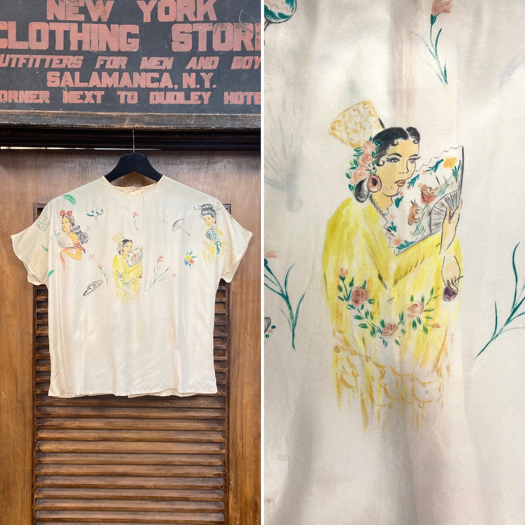 Vintage 1940's Deco Pin-up Girl Artwork Hand Painted Blouse Shirt
