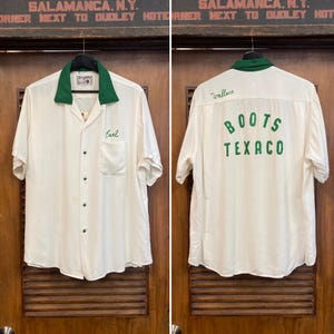 Botas vintage de los años 50, talla L/XL "King Louie", camisa de bolos de rayón Texaco estilo rockabilly, cuello con lazo, bordada, camisa de los años 50
