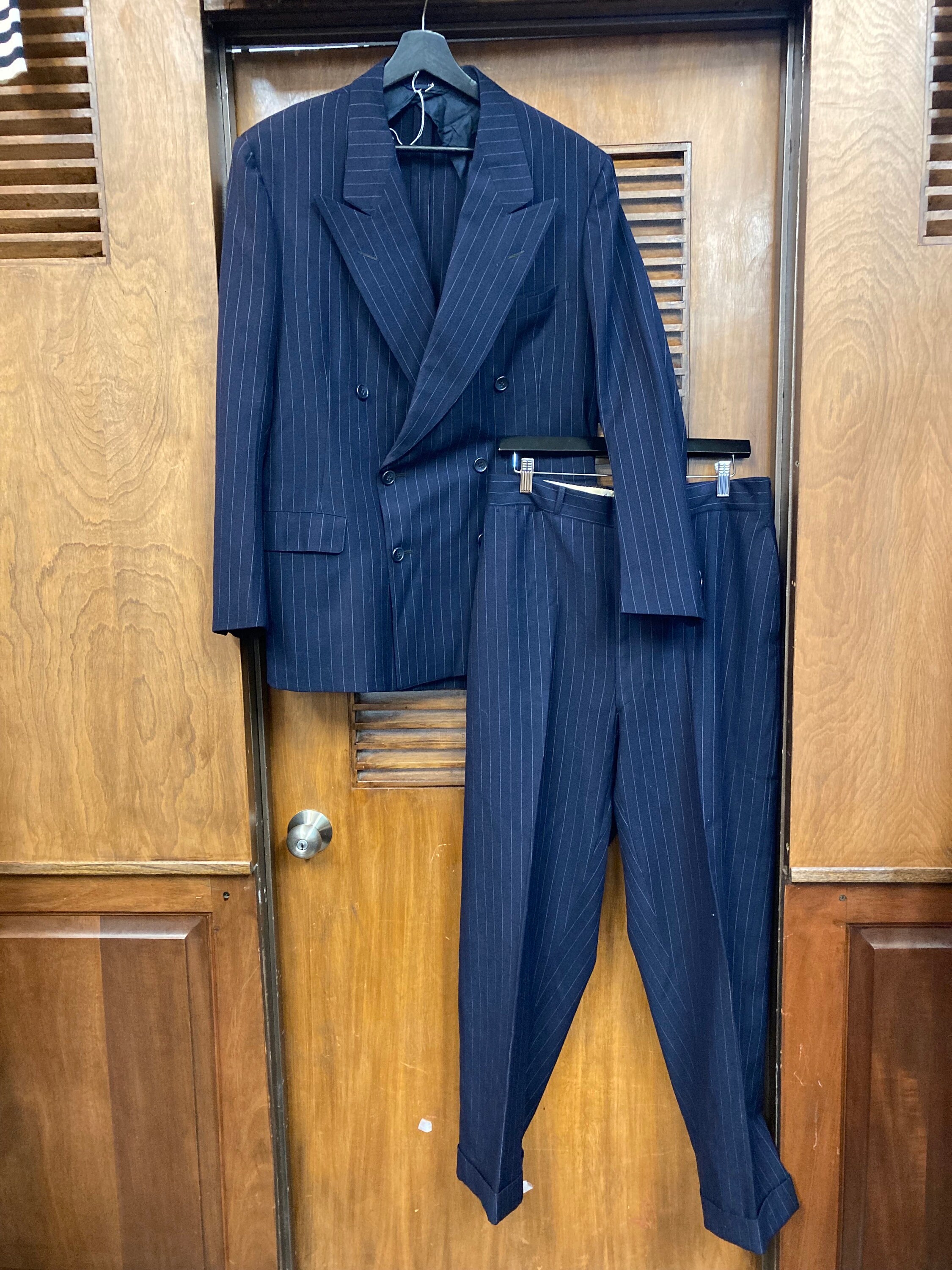 Vintage 1940's Gangster Swing Blue Pinstripe 2 Piece DB Double Breasted Suit, Sportcoat, Blazer, Pants, Double Breasted, Pinstripe, Gangster Vintage 1940's Gangster Swing Blue Pinstripe 2 Piece DB Double Breasted Suit, Sportcoat, Blazer, Pants, Double Breasted, Pinstripe, Gangster