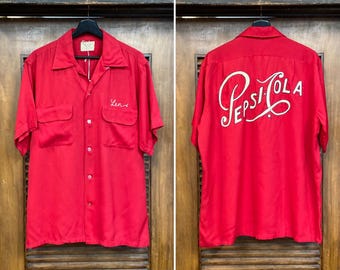 Vintage 1950’s Original Pepsi-Cola Rayon Gabardine Bowling Rockabilly Shirt, Size XL, Embroidery, 1950’s Shirt