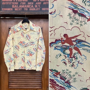 Vintage 1940’s Cartoon Spearfisher Tiki Tropical Cotton Long Sleeve Hawaiian Shirt, Original, Rare Print, 40’s Vintage Clothing