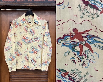 Vintage 1940’s Cartoon Spearfisher Tiki Tropical Cotton Long Sleeve Hawaiian Shirt, Original, Rare Print, 40’s Vintage Clothing