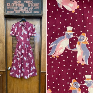 Vintage 1940’s Atomic Penguin Cotton Deco Rockabilly Dress, Novelty Print, Penguin Print, Vintage 1940s Dress, Rockabilly, Day Dress, Deco,