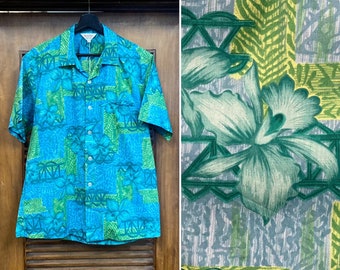 Vintage 1950’s -Deadstock- Tiki Floral “Kona Kai” Cotton Mod Hawaiian Shirt, 50’s Loop Collar Shirt, Vintage Clothing