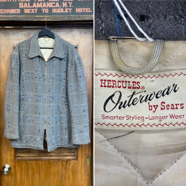 May include: A grey plaid zip-up jacket with a black zipper and a label that reads "Hercules Outerwear by Sears Smarter Styling-Longer Wear".