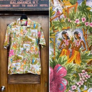 Vintage 1950’s Cartoon Tropical Cotton Tiki Hawaiian Shirt, Matching Pocket, Loop Collar, 50’s Vintage Clothing