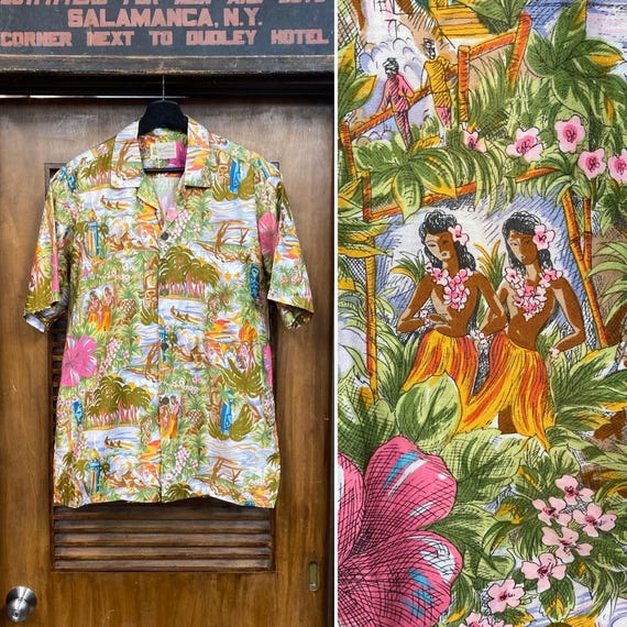 Vintage 1950's Cartoon Tropical Cotton Tiki Hawaiian Shirt