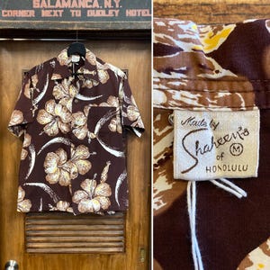 Vintage 1950’s “Shaheen’s” Atomic Floral Cotton Tiki Loop Collar Hawaiian Shirt, 1950’s Shirt