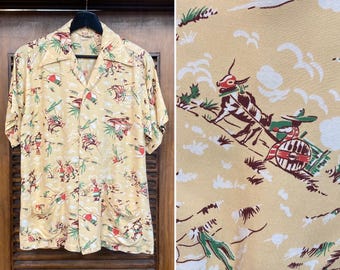 Vintage 1940’s Atomic Mexico Siesta Rayon Cabana Hawaiian Shirt, Loop Collar, 1950’s Shirt