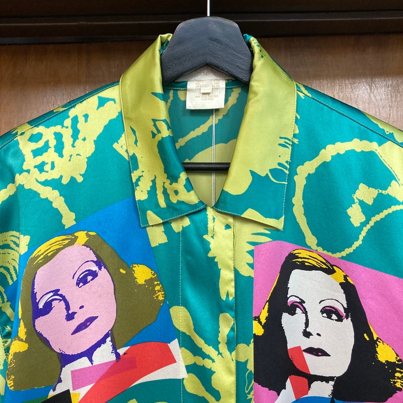 Vintage 1980s Escada Label Chaplin Garbo Pop Art Silk Shirt, 80s New Wave, Vintage Pop Art, Vintage Silk Shirt, Vintage Clothing image 6