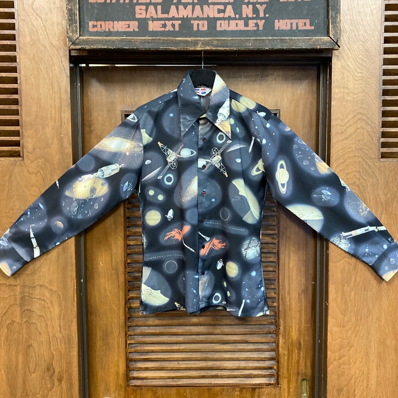 Vintage 1970’s Sci Fi Outer Space Planets Disco Poly Rocketship Shirt ...
