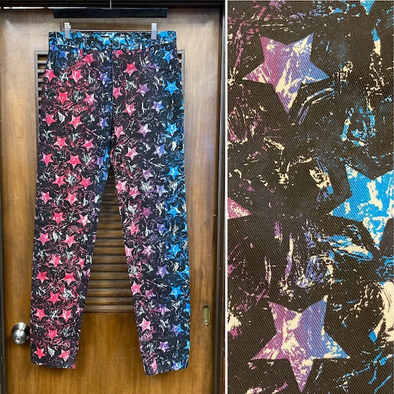 Vintage 1980’s w32 “Modzart” New Wave Star Print Denim Pop Art Jeans Made in England, 80’s Jeans, Vintage Clothing