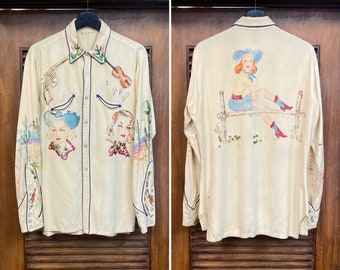 Vintage jaren 1950 "Nudie's" Western Cowboy Artwork Gab Rockabilly Shirt, Super Zeldzaam Design, 50's Vintage Kleding
