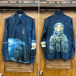 Vintage 1970’s “Nik Nik” Astronaut Space Spaceman Disco Poly Back Panel Shirt, Rare Design, 70’s Vintage Clothing