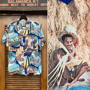 Vintage 1940’s “Towncraft” Silky Rayon Tiki Photoprint Original Hawaiian Shirt, 1940’s Hawaiian Shirt