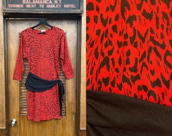 Vintage 1980’s New Wave Red & Black Leopard Animal Print Party Dress, Animal Print, Party Dress, Leopard, New Wave, Red, Black, 1980’s,