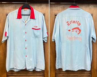 Vintage 1950’s Size XL Fish Hatchery Flocked Print Rayon Gabardine Bowling Rockabilly Shirt, Loop Collar, 1950’s Shirt