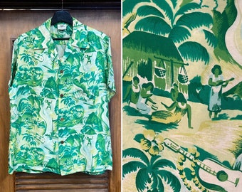 Vintage 1950’s “Shaheen’s” Rare Cartoon Natives Pattern Silk Hawaiian Shirt, 50’s Loop Collar Shirt, Vintage Clothing