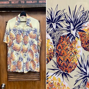 Vintage 1940’s “Catalina” Atomic Pineapple Border Rayon Tiki Hawaiian Shirt, 1940’s Shirt, Original, Size L, 40’s Vintage Clothing