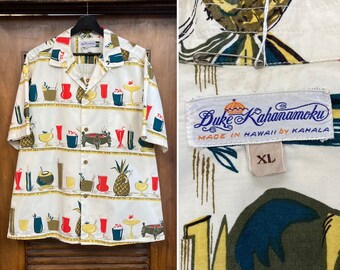 Vintage 1950’s Size XL “Duke Kahanamoku” Cocktail Tiki Drinks Cotton Hawaiian Shirt, Rare Big Size, 50’s Vintage Clothing