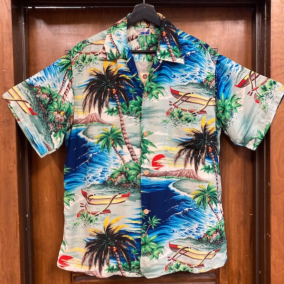 Vintage 1950's Size L Tropical Palm Tree X Outrigger Crepe