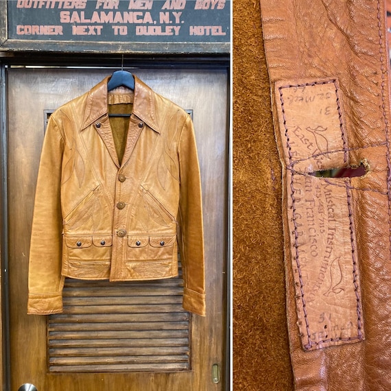 Vintage 1960’s “East West Musical Instruments” Rover Hippie Leather Jacket, 1960’s Leather Jacket