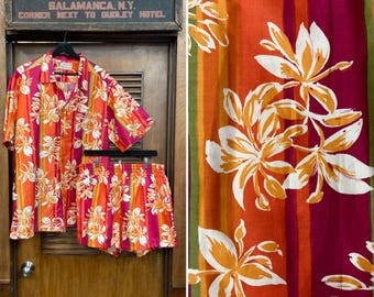 Vintage 1950’s Deadstock Atomic Floral Polished Cotton Two Piece Tiki Hawaiian Set, Swim Trunks, Cabana Set, Tiki, 1950s Shirt, Size XL