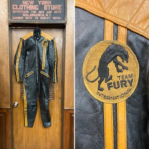 Vintage 1960’s Made in France “Team Fury” Cafe Racer Leather Mod Motorcycle Jumpsuit, Vintage Jumpsuit, Leather, Coveralls, Moto Jacket, 60s