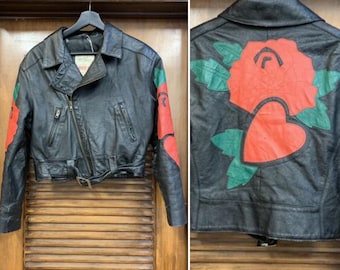 Vintage 1990 Michael Hoban Rosa & Corazón Chaqueta de Cuero, Ropa Vintage, Michael Hoban, Chaqueta North Beach, Chaqueta de Cuero Vintage