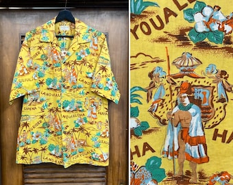 Vintage 1950’s “Land of Aloha” Cartoon Tropical Loop Collar Hawaiian Shirt, 1950’s Hawaiian Shirt