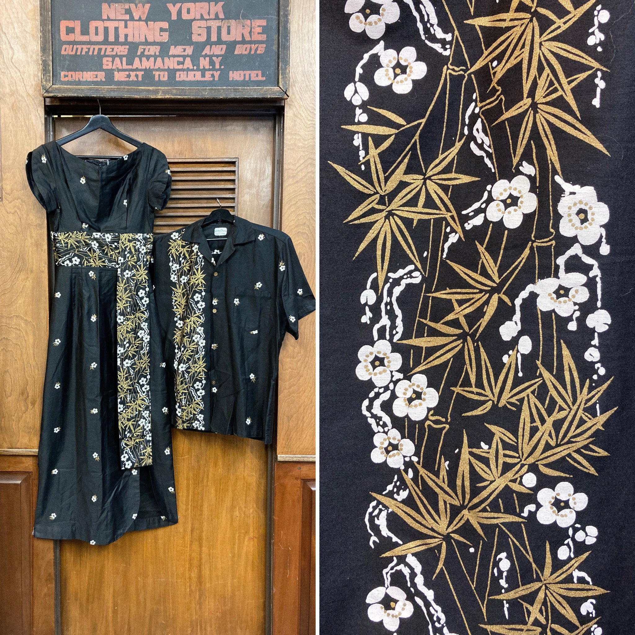 Vintage 1950's His & Hers Black Background Tiki Hawaiian 2 Piece Set, Dress, & Hers, Shirt, Floral
