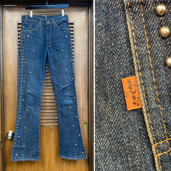 Vintage 1970s Levis Orange Tab 646 Dark Denim Studded Flare Jeans