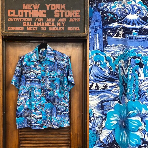 Vintage 1950’s Hula Girl Aloha Tower Silk Hawaiian