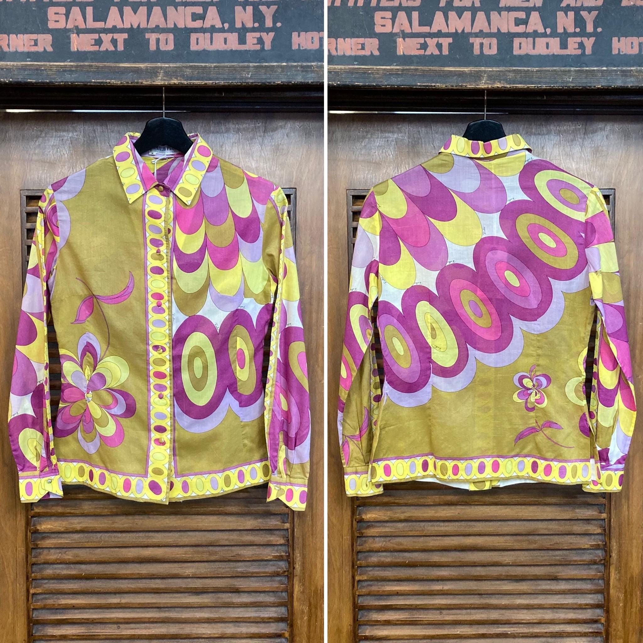 Vintage 1960’s Emilio Pucci Original Mod Cotton Op Art Shirt Blouse Top, Made in Italy, 60’s Vintage Clothing