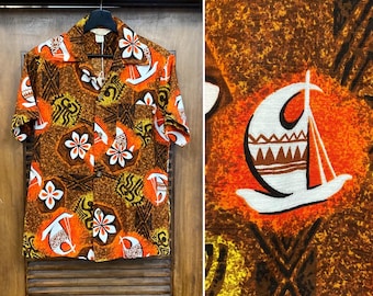 Vintage 1960’s Atomic Mod Tiki Cotton Barkcloth Loop Collar Hawaiian Shirt, 1960’s Shirt, 60’s Vintage Clothing