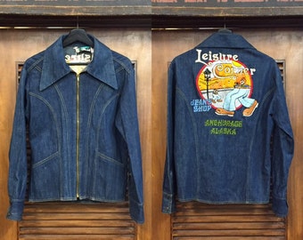 Vintage 1970’s Antonio Giuseppe Leisure Corner Denim Jacket, Fitted Jacket, Cartoon Embroidery, 70’s Era Vintage, Vintage Clothing