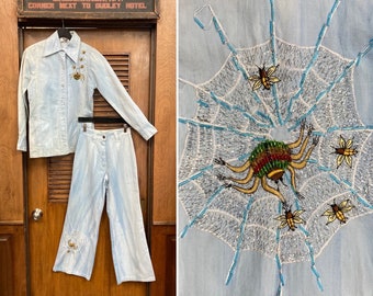 Vintage 1960’s Spider Web Roncelli Style Cotton Denim Two Piece Outfit Mod Jacket Flare Jeans, Jacket, Jeans, 1960s, 2 Piece, Matching Set,
