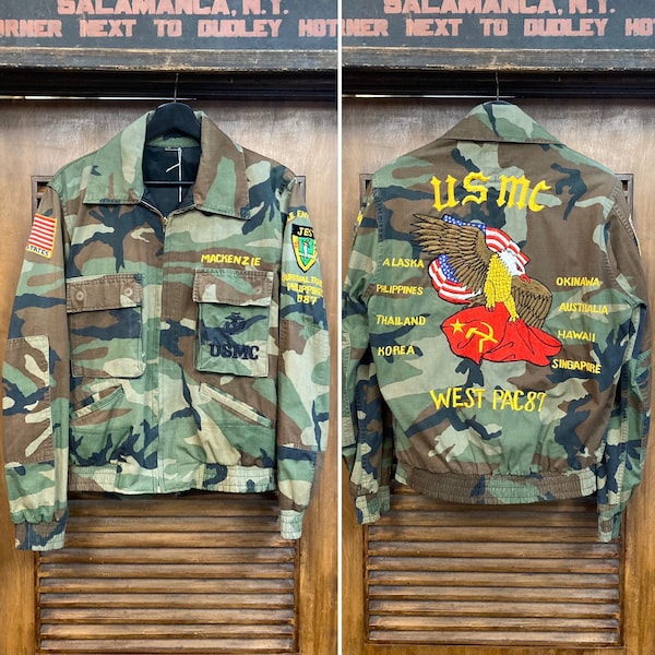 Vintage 1980’s Camo Tour USMC Souvenir Military Eagle Embroidery Workwear Jacket, 80’s Custom Vintage, Vintage Clothing