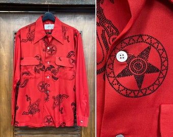 Vintage 1940’s Western Cowboy Flock Print Gabardine Rockabilly Shirt, 40’s Button Down, Vintage Shirt, Vintage Clothing
