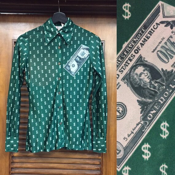 Vintage 1970’s Money Print Green Disco Shirt Top,