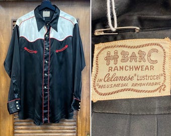 Camisa vaquera de satén bicolor estilo rockabilly de manga larga, vintage de los años 40, con la marca "H Bar C". Camisa de los años 40, con la marca H Bar C y de los años 50.