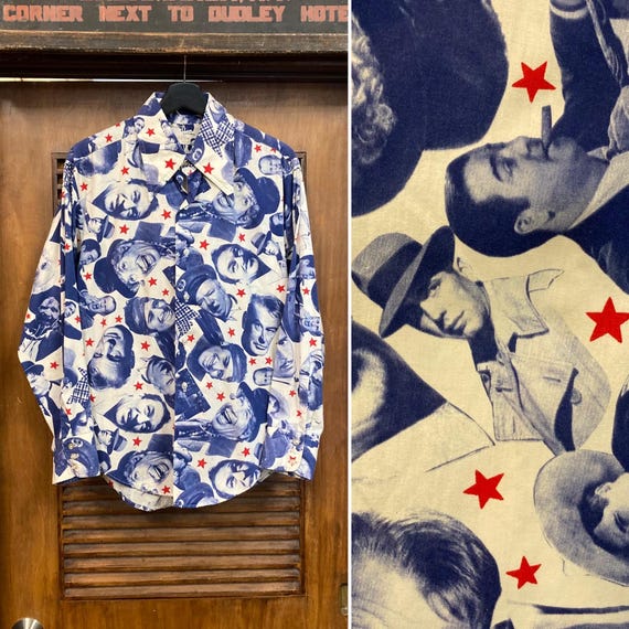 Vintage 1960’s Hollywood Stars Photoprint Pop Art 50/50 Cotton/Poly Shirt, 1960’s Shirt, 1970’s Shirt