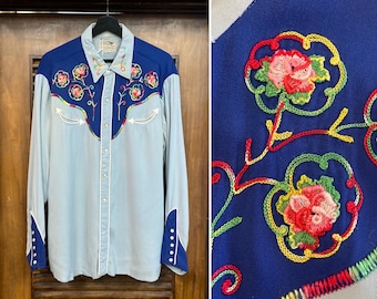 ヴィンテージ 1950年代「HバーC」ウエスタンカウボーイ刺繍レーヨンギャバジンロカビリーパールスナップシャツ、1950年代シャツ