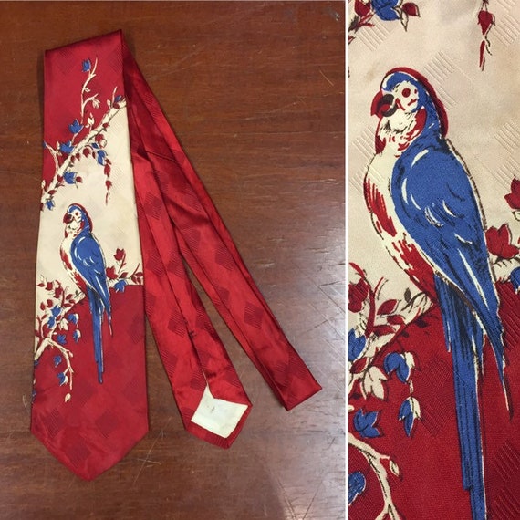 Vintage 1940’s Necktie, Parrot Print, 1950’s Tie,